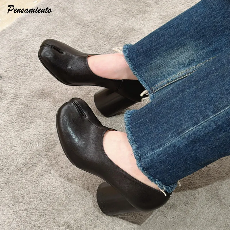 Modische Weiche Leder Split-Toe Ballett-Pumps für Damen, Frühling Sommer Vintage Schwarze Tabi High Heels Mules, Lässige Slip-on Chunky Schuhe