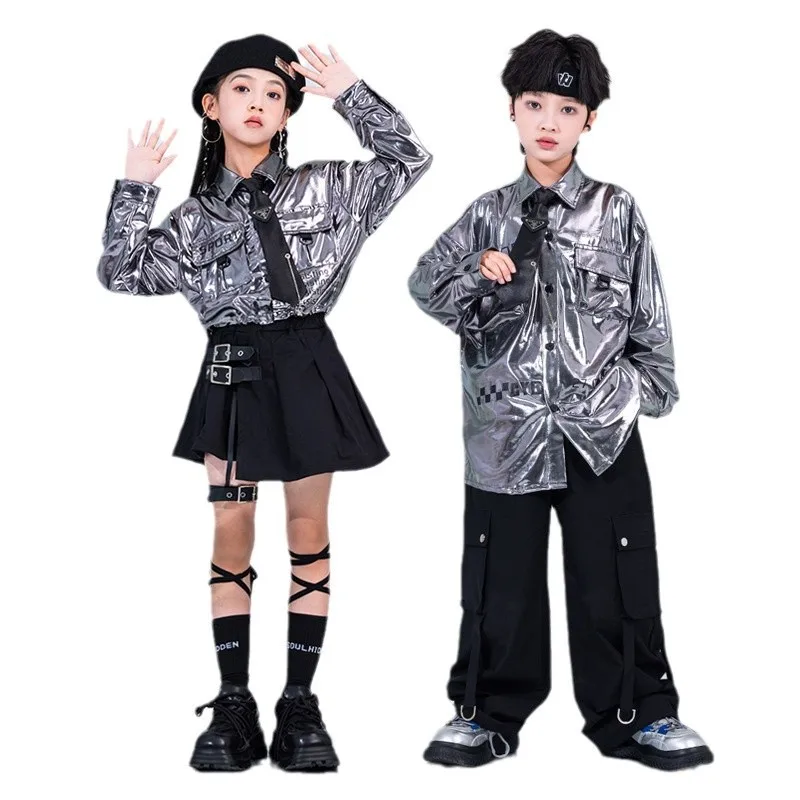 Hip Hop Mädchen Crop Pailletten Silber Shirts Faltenröcke Kinder Streetwear Schuluniform Kleidung Set Kind Jazz Mädchen Gruppe Kostüm