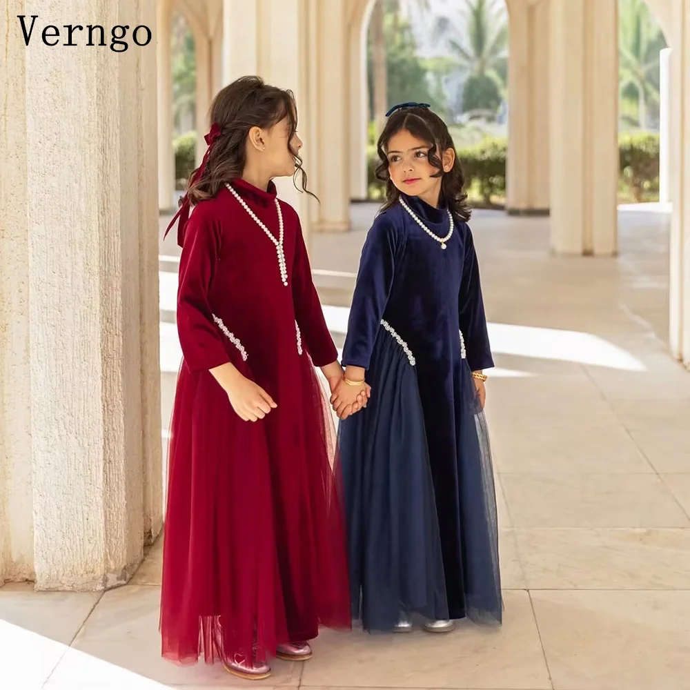 Verngo Rot/Schwarzes Samt-Outfit für Kinder, O-Ausschnitt, volle Ärmel, A-Linie, mit Pailletten, elegante Partykleider für Mädchen, Arabien, maßgeschneidert Image