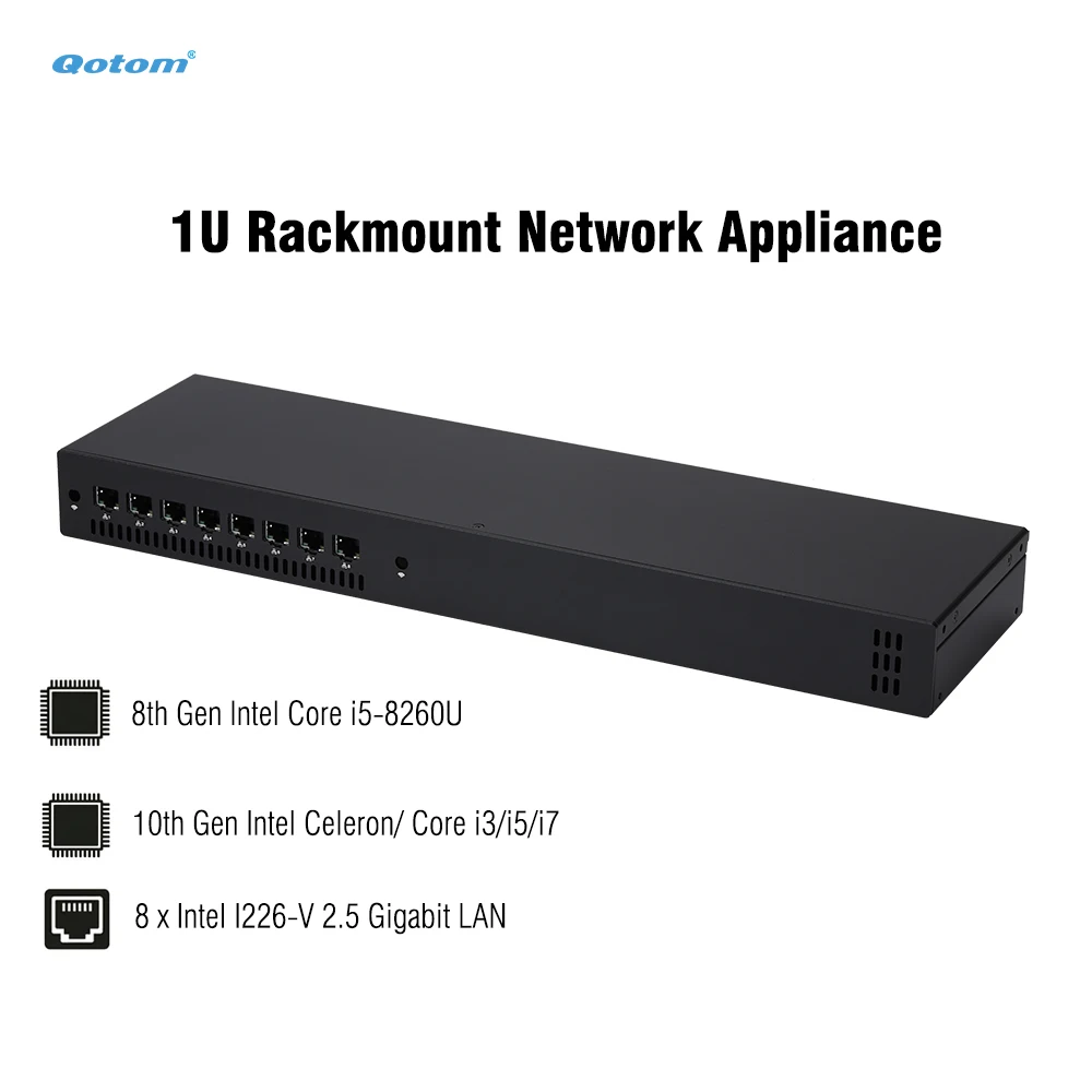 Qotom 1U Rackmount Mini-PC 8x 2.5G LAN Intel Core i7/i5/i3 Firewall Router Lüfterkühlung VPN-Server OPNsense pfSense Barebone Image