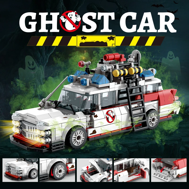 Mini Geisterrennwagen Bausteine 562 Teile MOC Retro-Krankenwagen DIY Montage-Spielzeug für Erwachsene Halloween Weihnachten Geburtstagsgeschenk Image