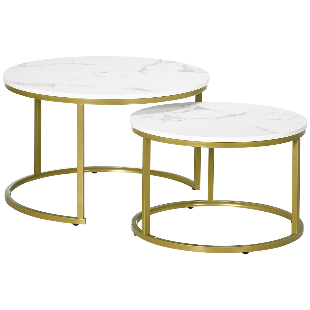 OKWISH 2 Couchtische Stahl Weiß/Gold rund, Satztisch-Set in Marmoroptik, ineinander stellbar, Ø74x46,3 cm und Ø59x38,5 cm Image