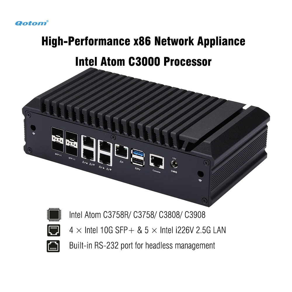 Mini-PC Q20300G9 Atom C3000 CPU, 4x 10G SFP+/ 5x 2.5G LAN, 2x DDR4 RAM, 2x NVMe - PfSense/OPNsense Firewall-Gerät Image
