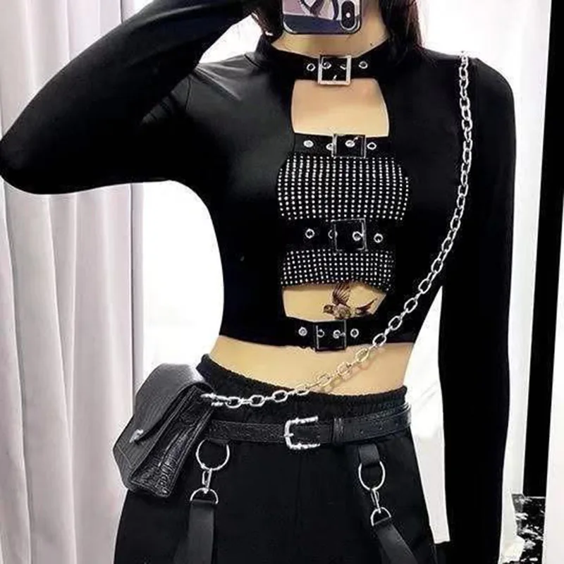 Schwarz goth dunkle Frauen aushöhlen Langarm vorne Schnalle Punk Grunge Crop Top Pullover Clubwear