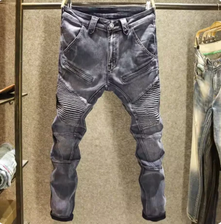 2025 neue High Street Schwarze Jeans Slim Fit männer Bleistift Hosen Koreanische Trendy Stil Falten Designer Kleidung Hip Hop Jeans für Mann