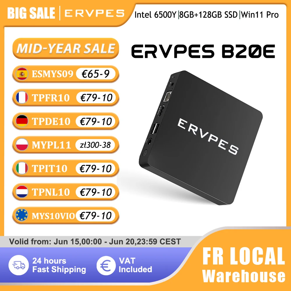 ERVPES Mini-PC B20E Intel 6500Y Windows 11 DDR3 8GB RAM 128GB SSD HDMI VGA WIFI5 BT 5.0 USB Kompakter Desktop-Computer