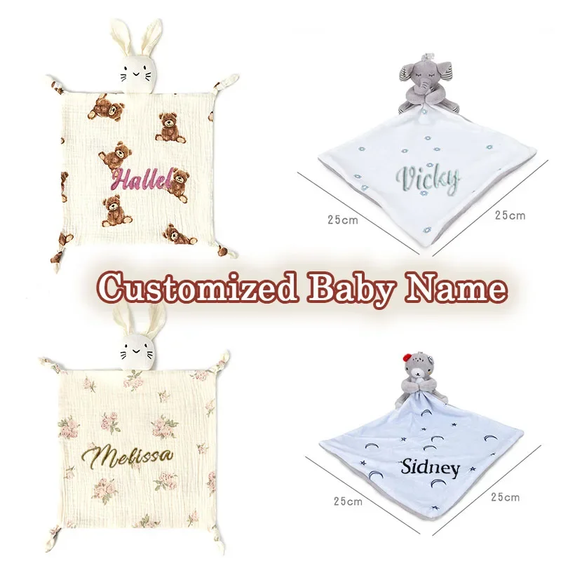 Personalisierte Baumwoll-Musselin-Schmusetuch-Sicherheitsdecke für Babys, Mädchen/Jungen, Kuscheltuch mit Baby-Namensstickerei, beruhigend und beschwichtigt Image