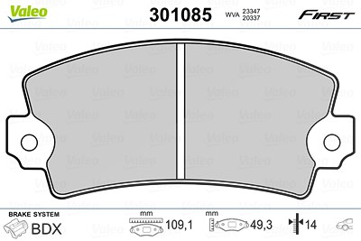 Valeo Bremsbelagsatz, Scheibenbremse [Hersteller-Nr. 301085] für Aro, Talbot, Fiat, Renault, Abarth, Alpine, Lotus