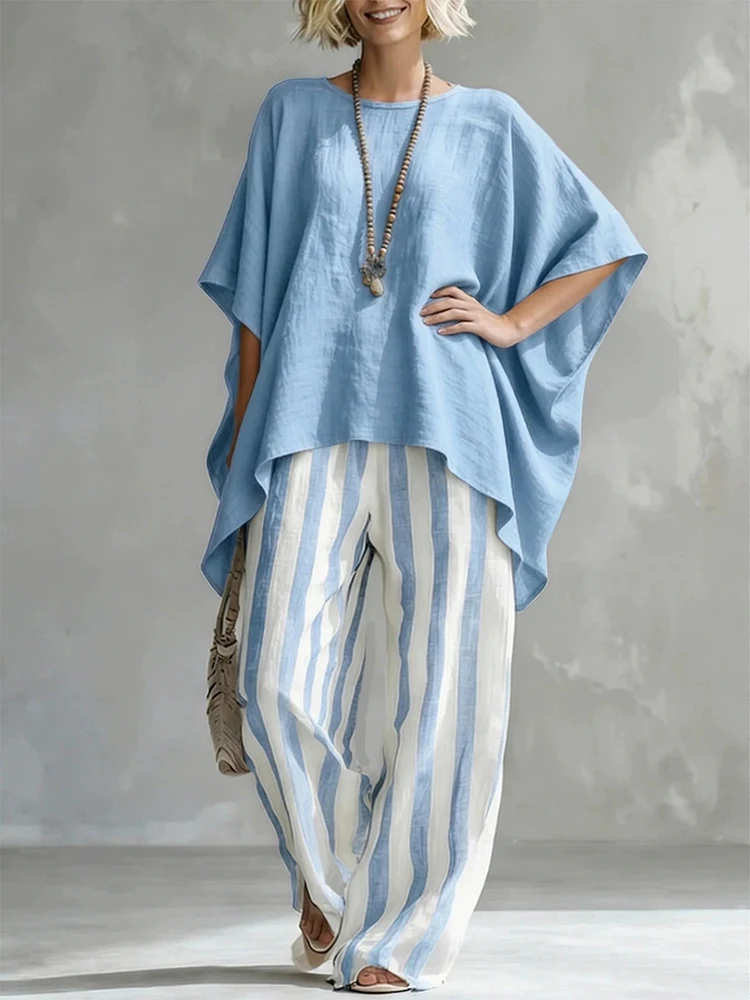 Completo Estivo in Lino Due Pezzi: Top con Maniche a Pipistrello Irregolari e Pantaloni a Righe, Set Casual Comodo per Donna