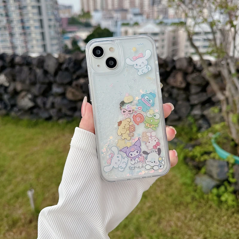 Custodia per telefono Sanrio Hello Kitty Pochacco Kuromi Melody Bling Glitter Quicksand per iPhone 17 16 15 14 13 12 11 Pro Max Cover Trasparente