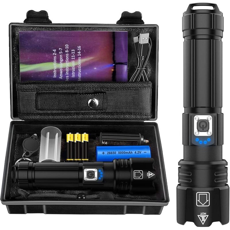 Torcia Led Ultra Potente, 10000 Lumen Ricaricabile, Torcia Tattica Impermeabile Ip67, Torcia P70 Con 5 Modalità, Zoomabile, Per Campeggio, Escursionismo E Uso Di Emergenza (con Batteria) [classe Energ