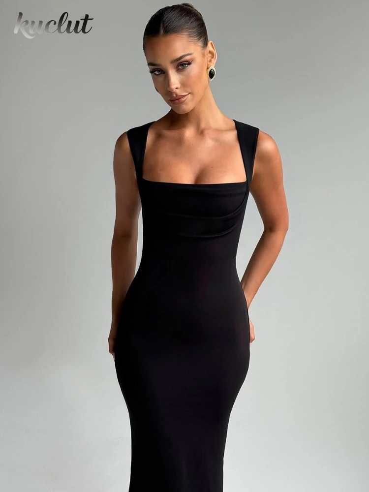 KUCLUT Y2K Abito lungo sexy senza maniche con colletto quadrato per donna, moda primavera estate, nuovo abito lungo da club a vita alta, aderente, per feste