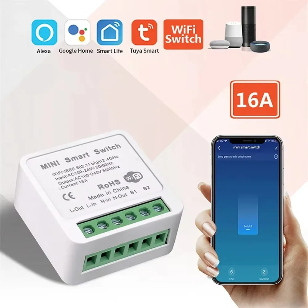 Interruttore Smart WiFi Tuya Mini 16A, Modulo Interruttore Luce Smart Home, Controllo a 2 Vie, Compatibile con Tuya Smart Life, Alexa, Google Home
