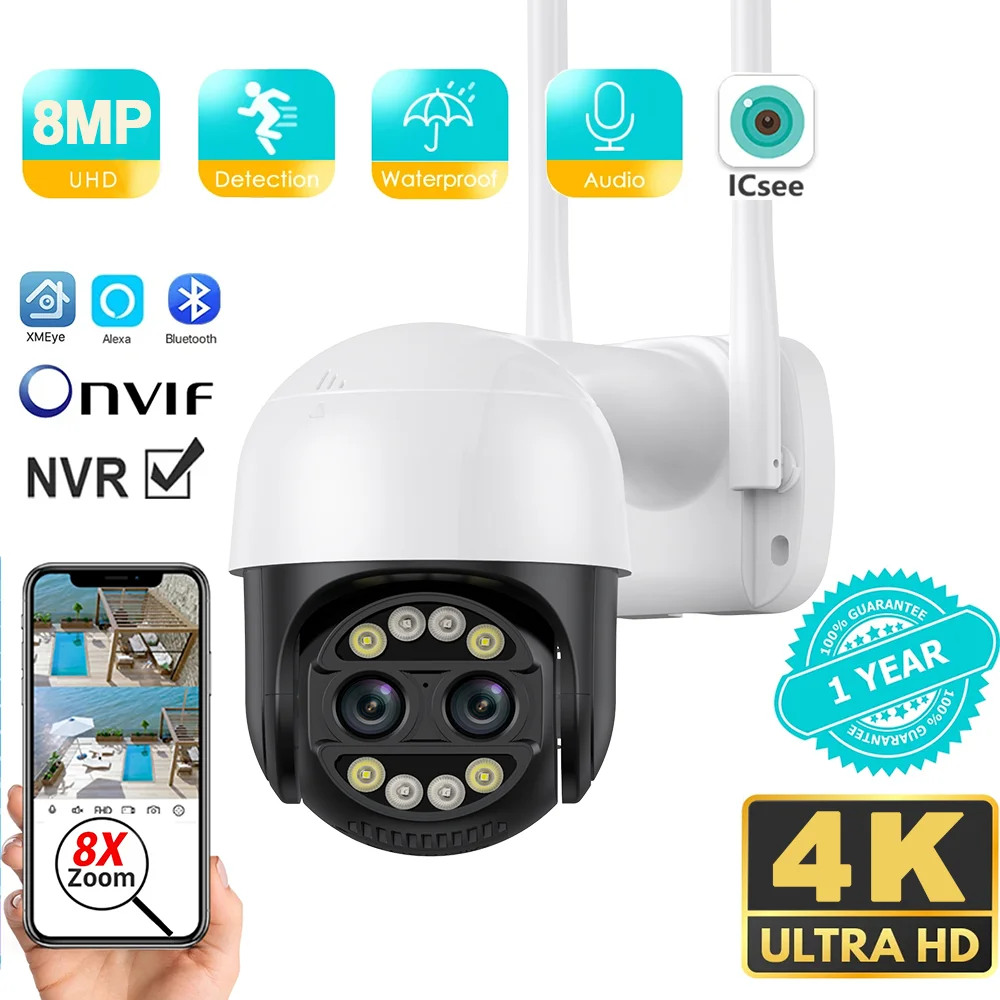 Telecamera WiFi PTZ 8MP con Zoom Digitale 8X, Doppia Lente, Visione Notturna, Rilevamento Umano, Telecamera di Sorveglianza CCTV, Telecamera IP di Sicurezza 4K