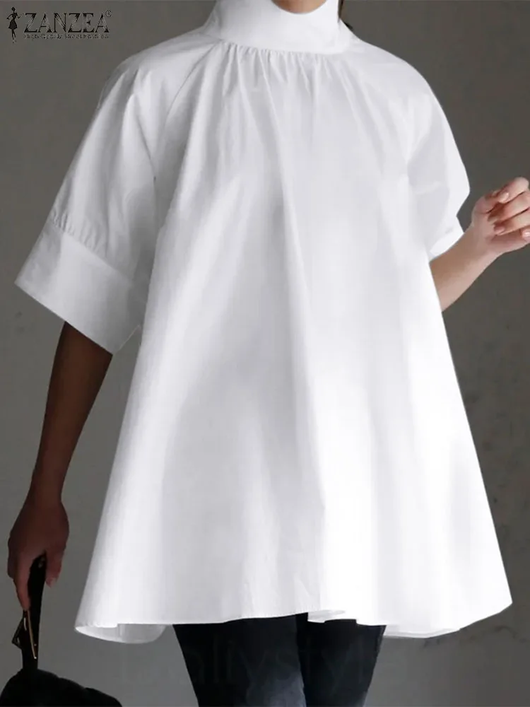 Camicetta a pieghe tinta unita moda ZANZEA camicia Oversize donna elegante camicetta a mezza manica con collo alto top estivi lavoro vacanza Blusas