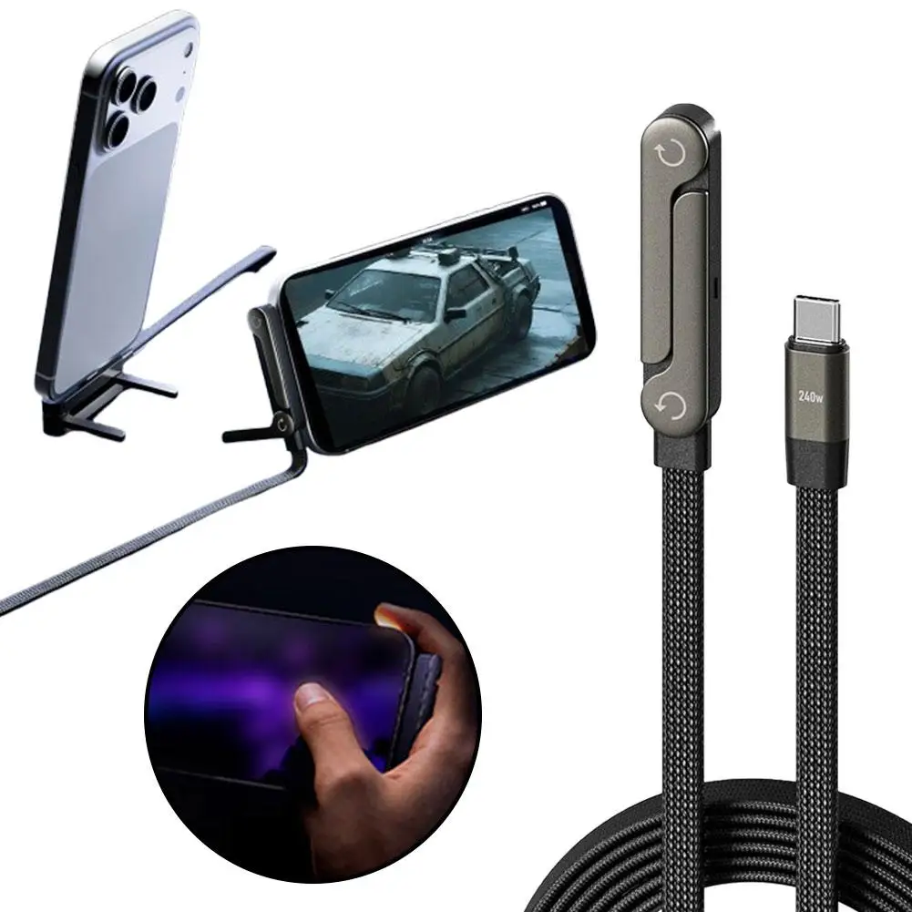 Cavo dati con staffa pieghevole a ricarica rapida da 240/65 W Cavo dati 2 in 1 Supporto pieghevole per tablet per telefono da tipo C a tipo C /USB-A a tipo C