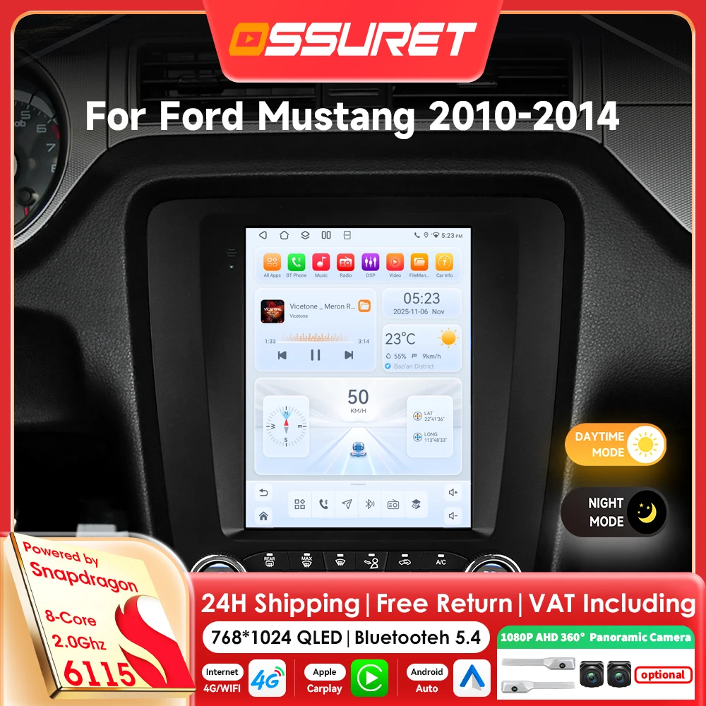 Autoradio Android 14 da 9,7 Pollici con Snapdragon 6115 8Core, Carplay Wireless, Android Auto per Ford Mustang 2010-2014, Lettore Multimediale GPS con Telecamera a 360°