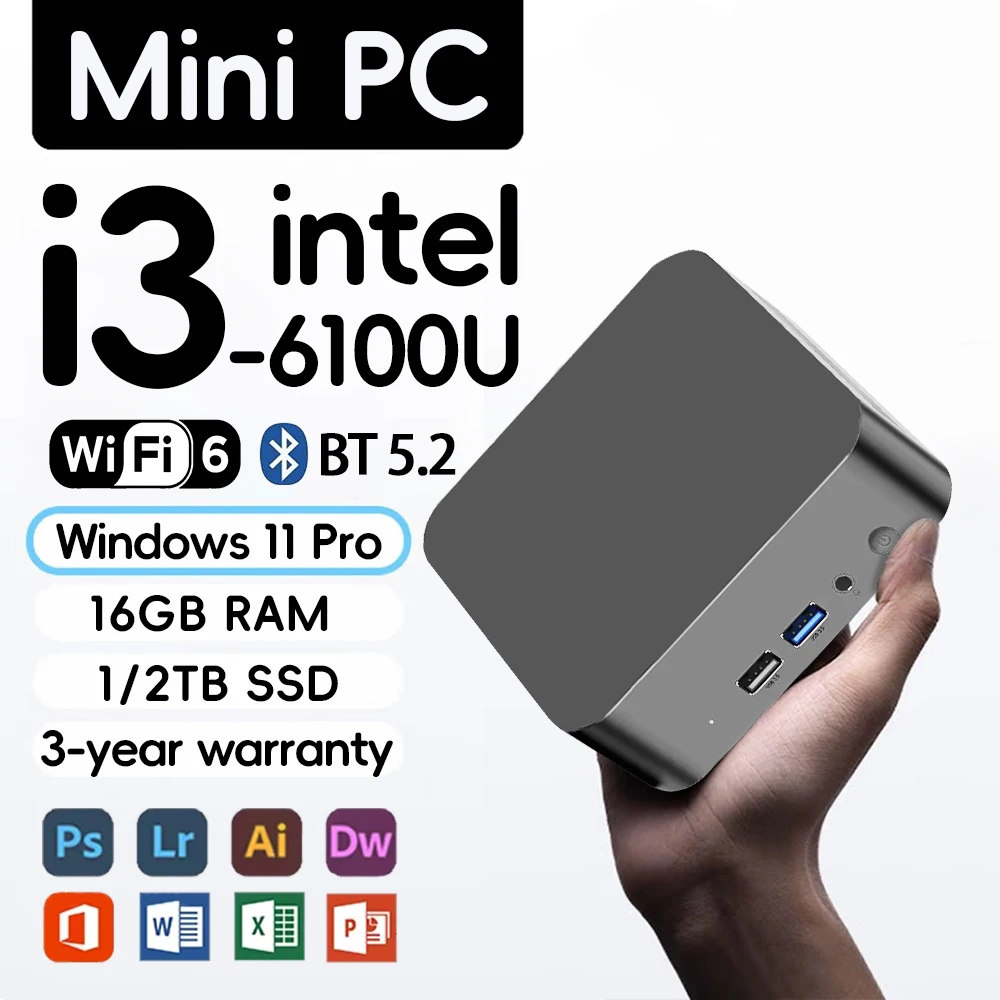 Mini PC portable Windows 11 Pro Intel Core i3 6100, ordinateur de jeu compact, PC d