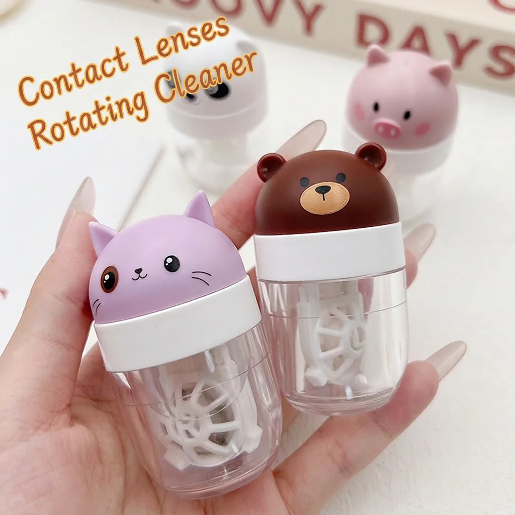Boîte à lentilles de contact de dessin animé, nettoyant rotatif pour lentilles de contact, nettoyant manuel pour lentilles de contact rotatif pour le bureau