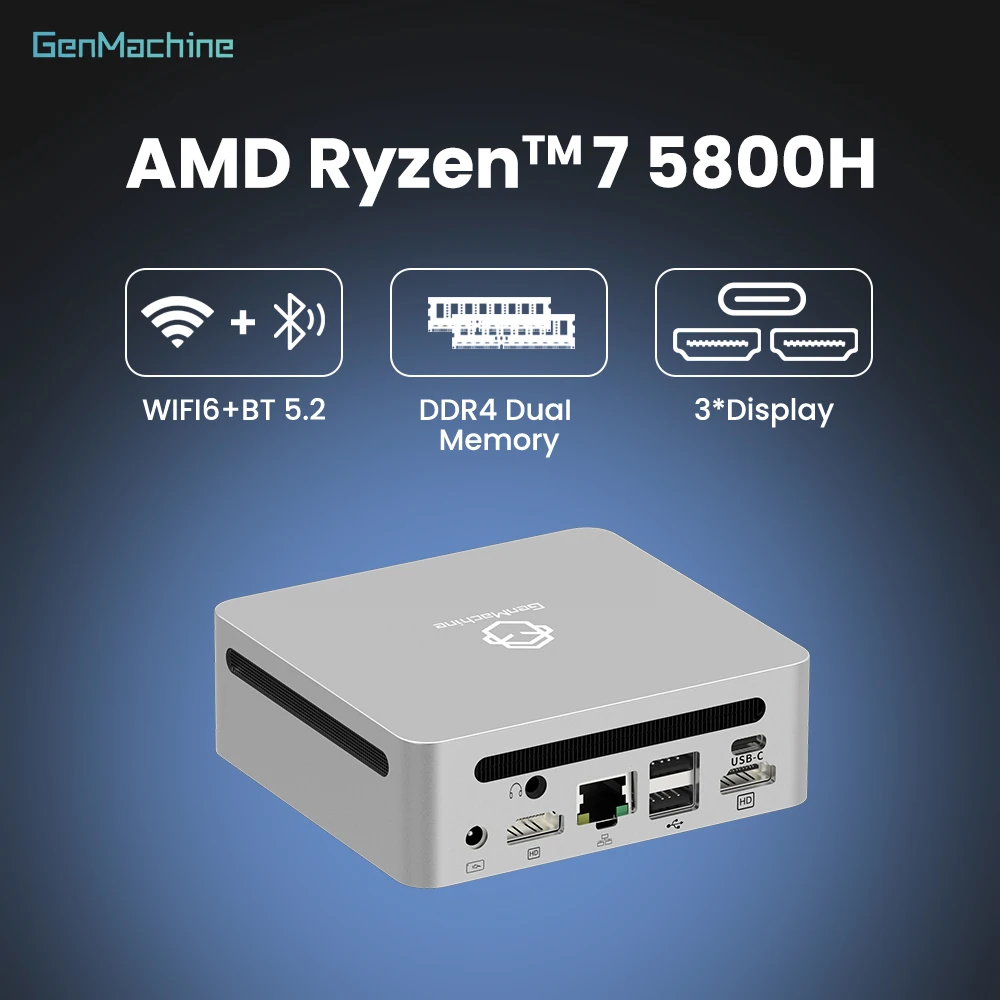 Mini PC GenMachine Windows 11 Ryzen AMD Ryzen 7 5800H 16 Go RAM + 512 Go ROM WIFI6 RTL8852, BT5.2 Ordinateur de jeu DIY mini PC gaming