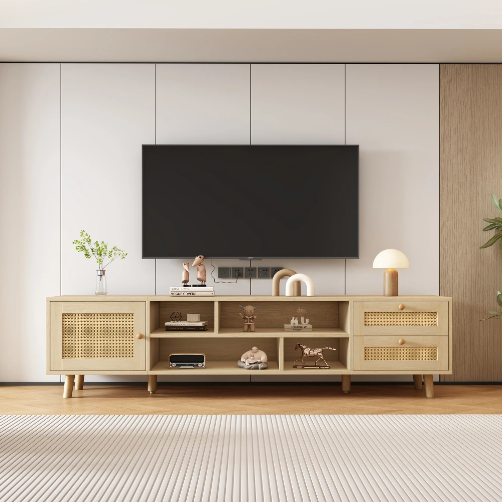 Meuble TV haut de gamme pour téléviseurs de 70 pouces - gestion des câbles, 2 tiroirs, 1 porte, meuble TV, meuble bas pour salon, meuble TV bas pour salon