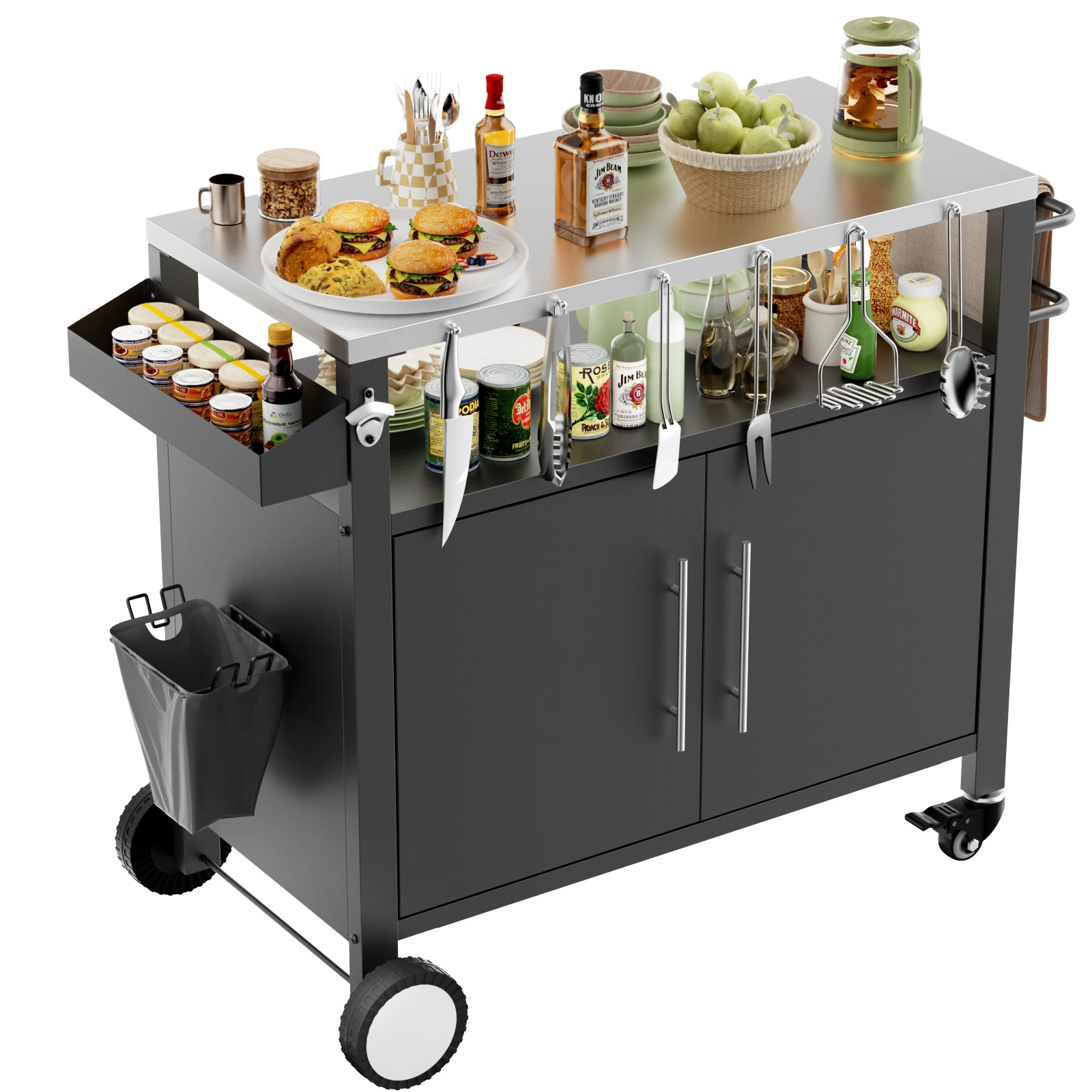 Chariot de barbecue extérieur à deux portes, table de barbecue avec rangement, chariot de bar roulant, chariot de barbecue avec étagère à épices pour accessoires de barbecue, noir