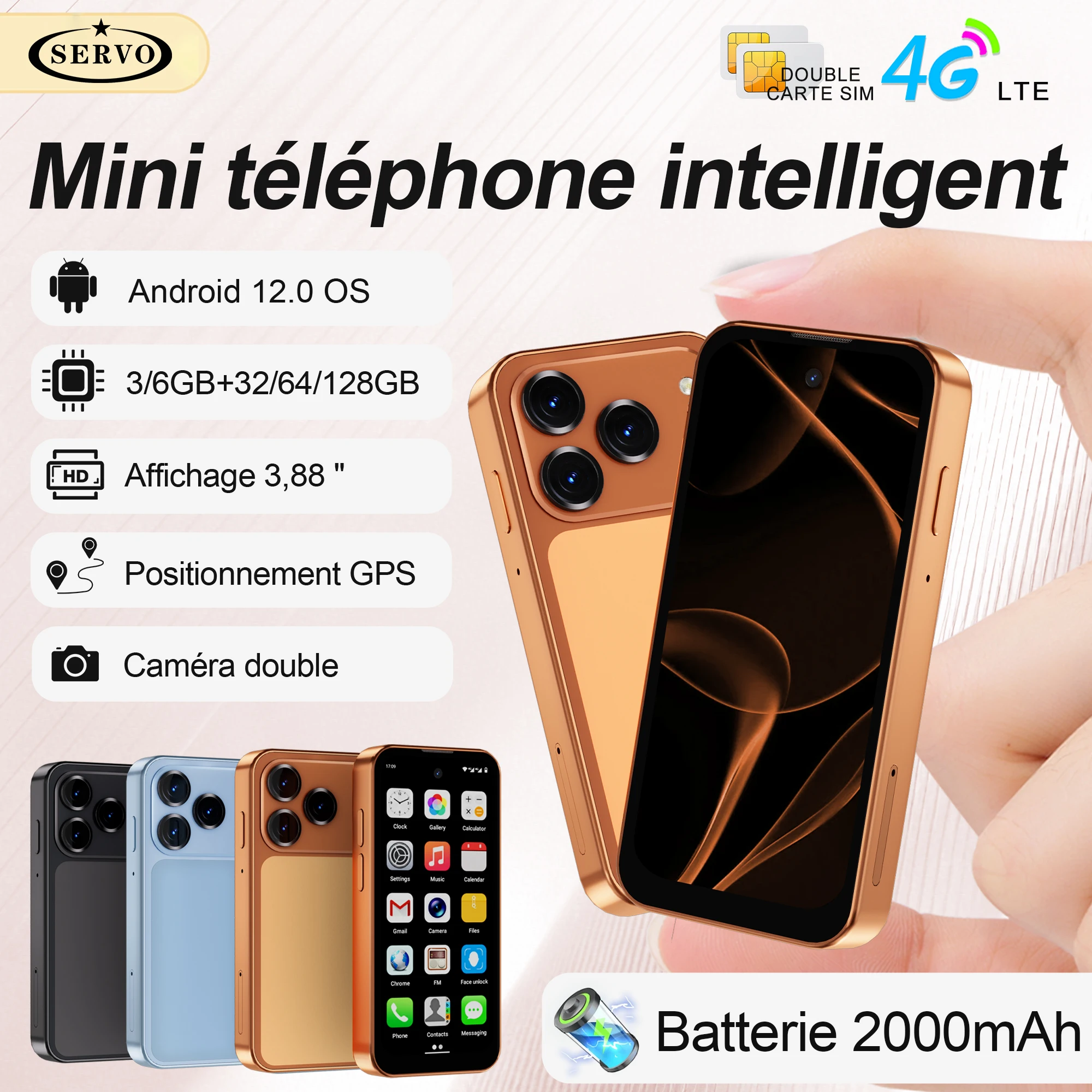 Mini smartphone SERVO 4G LTE, écran 3,88 pouces, 6 Go + 128 Go, double SIM, Android 12, GPS, OTG, 2000 mAh, petit smartphone intelligent