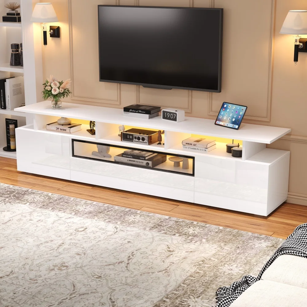 Meuble TV, meuble TV brillant avec 2 armoires et 1 tiroir, meuble bas avec LED et 10 étagères de rangement, convient aux téléviseurs jusqu'à 75 pouces