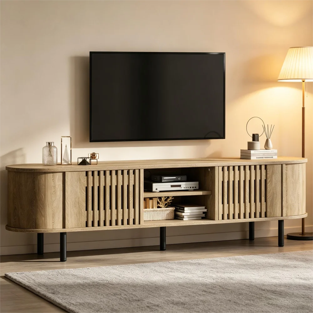 Meuble TV, meuble bas avec 2 armoires, meuble de salon avec design en bois ajouré, 5 pieds de support