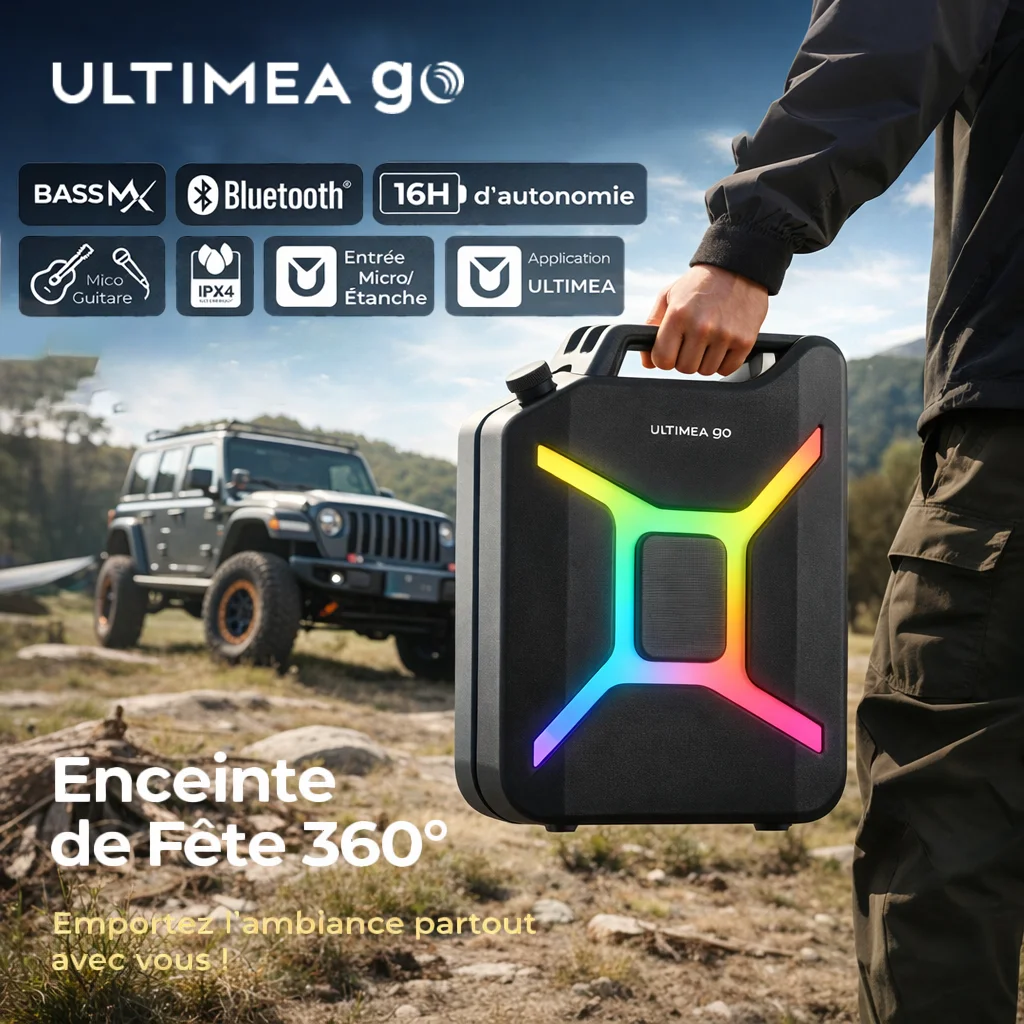 ULTIMEA Go Enceinte Bluetooth portable étanche, enceinte sans fil d’extérieur avec subwoofer, basses profondes, enceinte de fête 300W avec lumières RGB, contrôle APP, stéréo TWS, entrée micro et