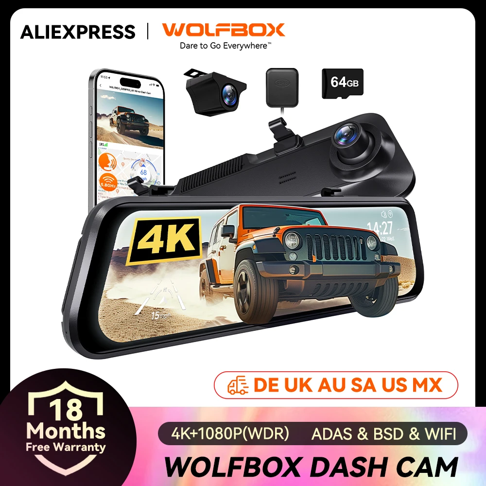 Caméra de tableau de bord WOLFBOX G850 PRO WIFI 4K avant et arrière, caméra de voiture ADAS, WDR 1080P, caméra de tableau de bord pour voiture, FOV170, DVR de voiture, GPS, vision nocturne