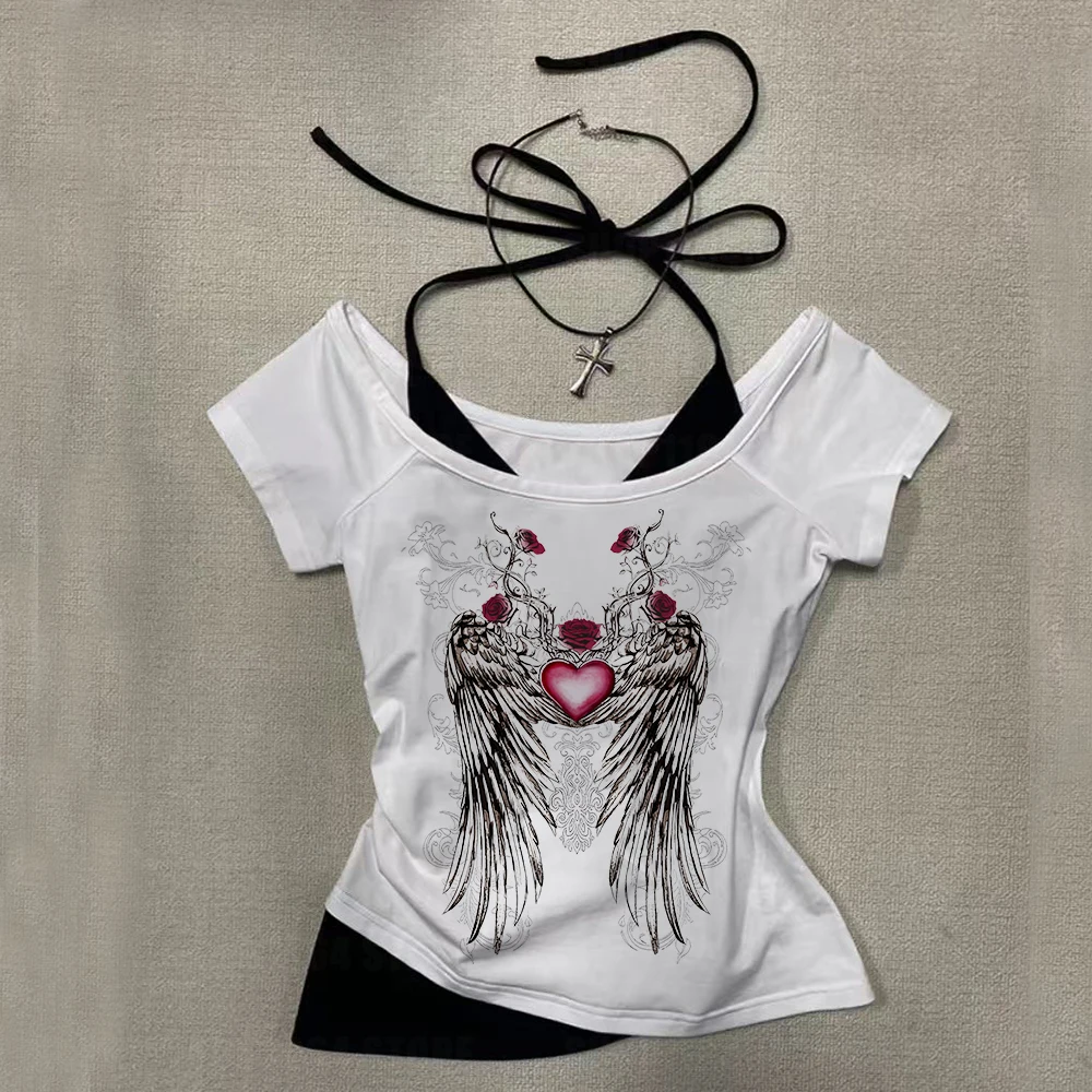 Vêtements pour femmes, esthétique féminine, t-shirt pour femmes, haut Emo 2000s Y2k, faux haut deux pièces, vêtements gothiques pour femmes, Harajuku