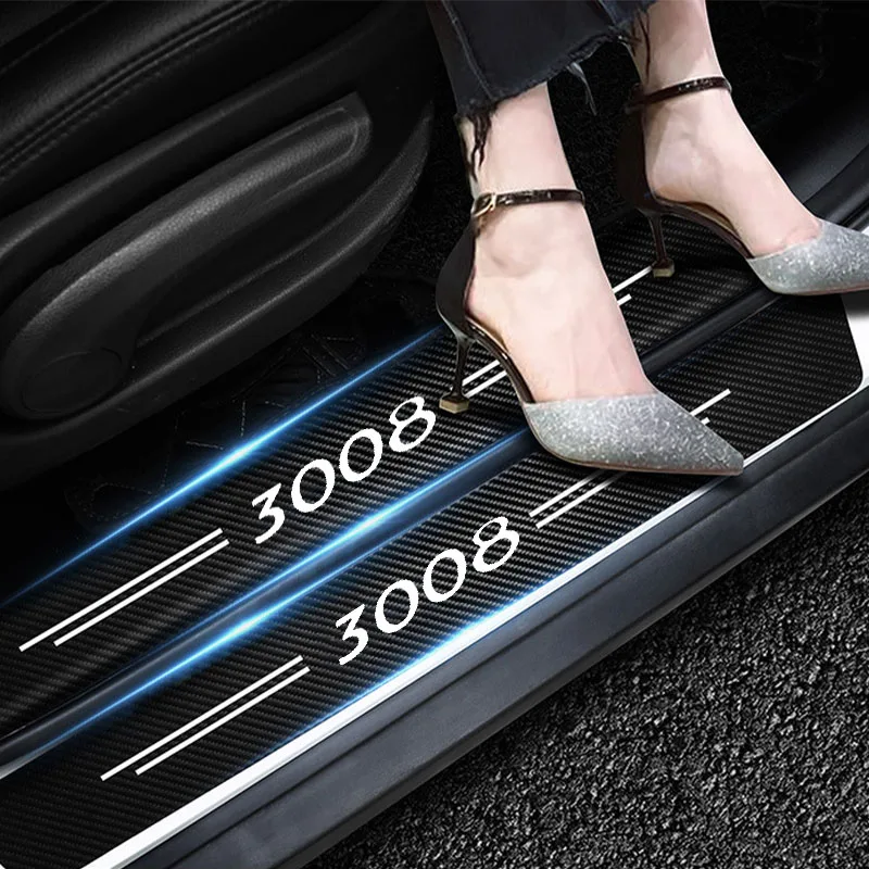 Bande de seuil autocollante en Fiber de carbone pour voiture, 4 pièces, pour pièces automobiles Peugeot 3008