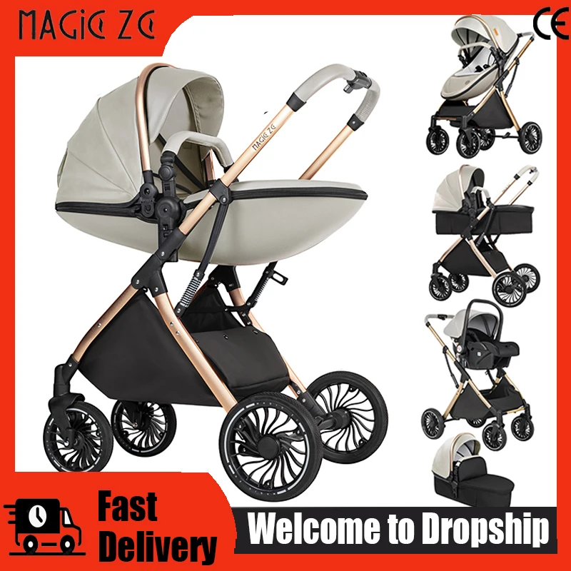 Poussette haute 3-en-1 avec siège auto, système de voyage pour bébé, poussette pliable, siège coquille d