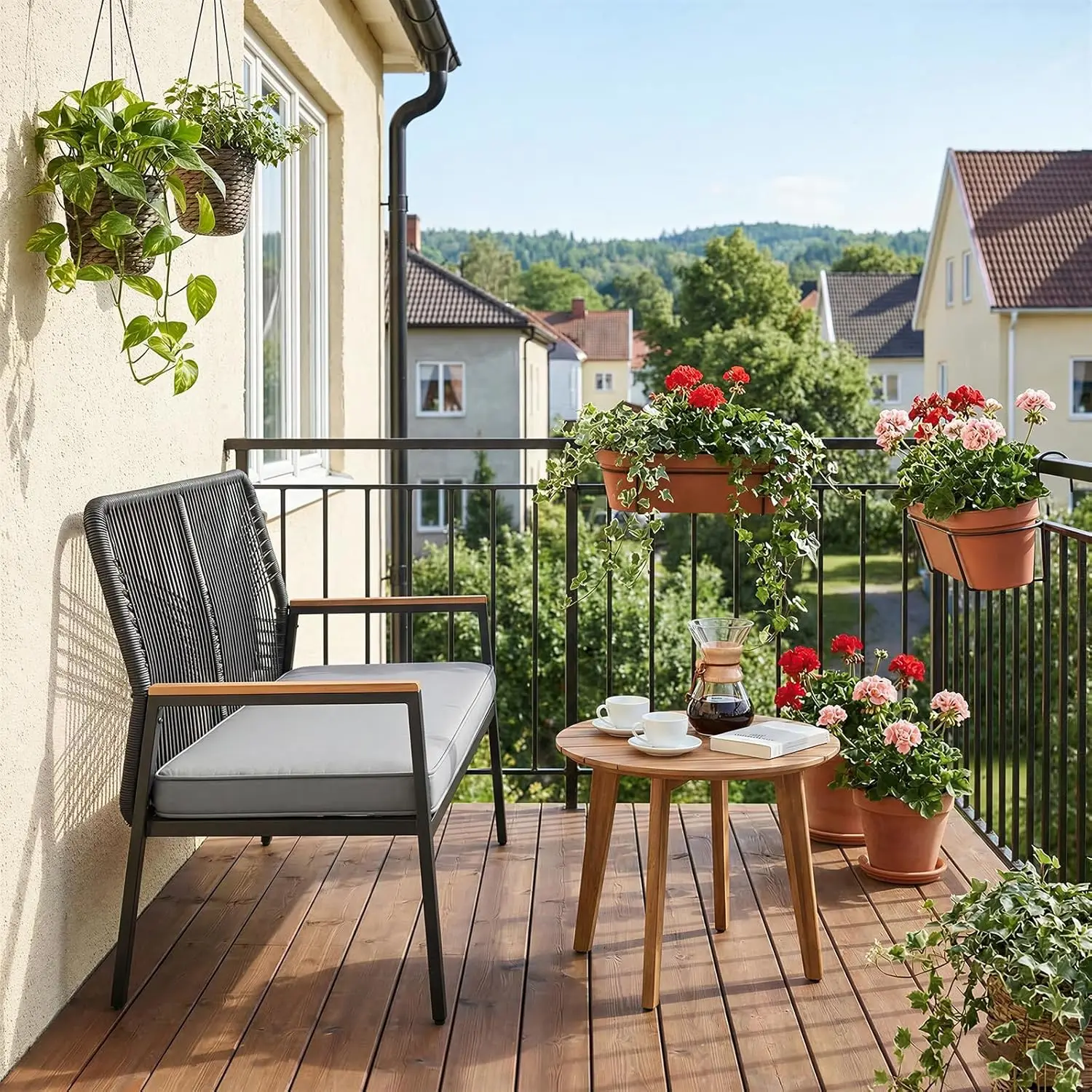 Banc de jardin en rotin, chaise de jardin en polyrotin 2 places, banc d'extérieur, mobilier de jardin en métal et rotin, avec coussins d'assise amovibles de 8 cm d'épaisseur, accoudoirs en WPC, pour
