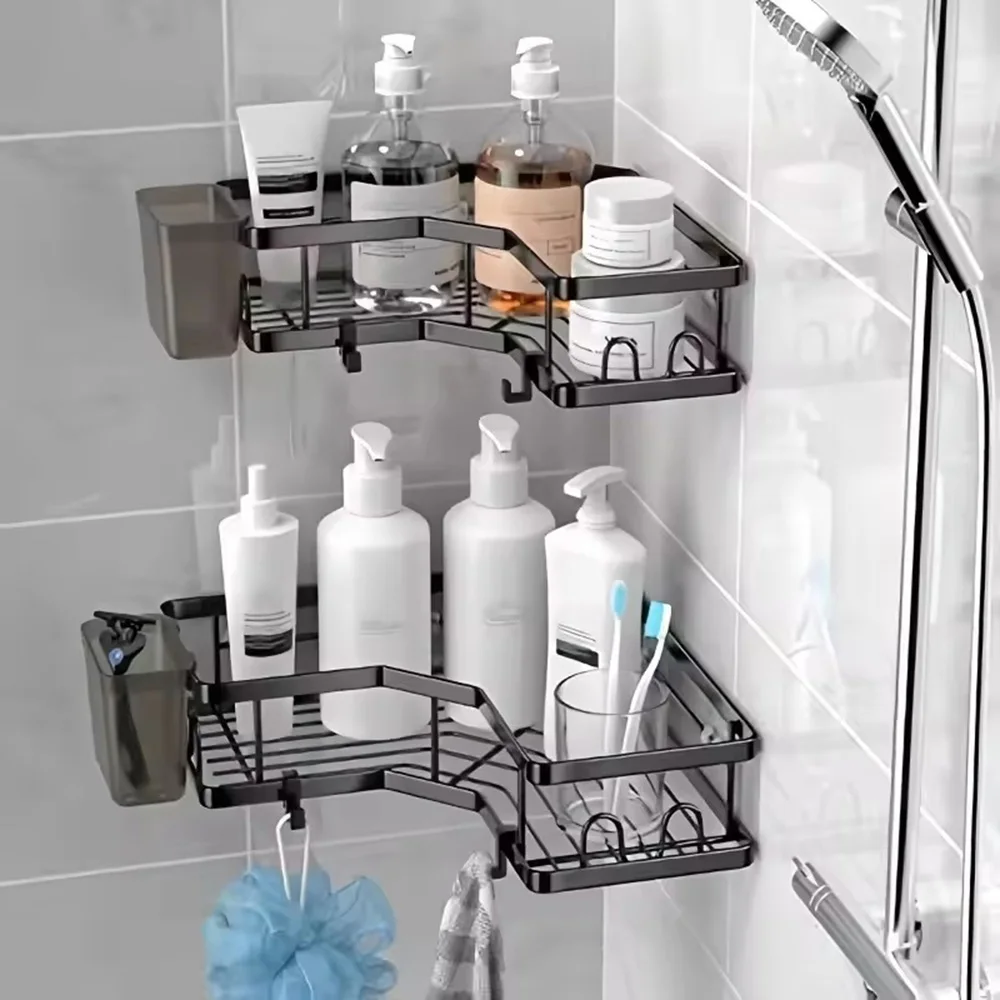 Lot de 2 étagères de salle de bain sans perçage, étagère d'angle de douche, étagère à shampoing, rangement pour accessoires de douche, accessoires de salle de bain, étagères de salle de bain