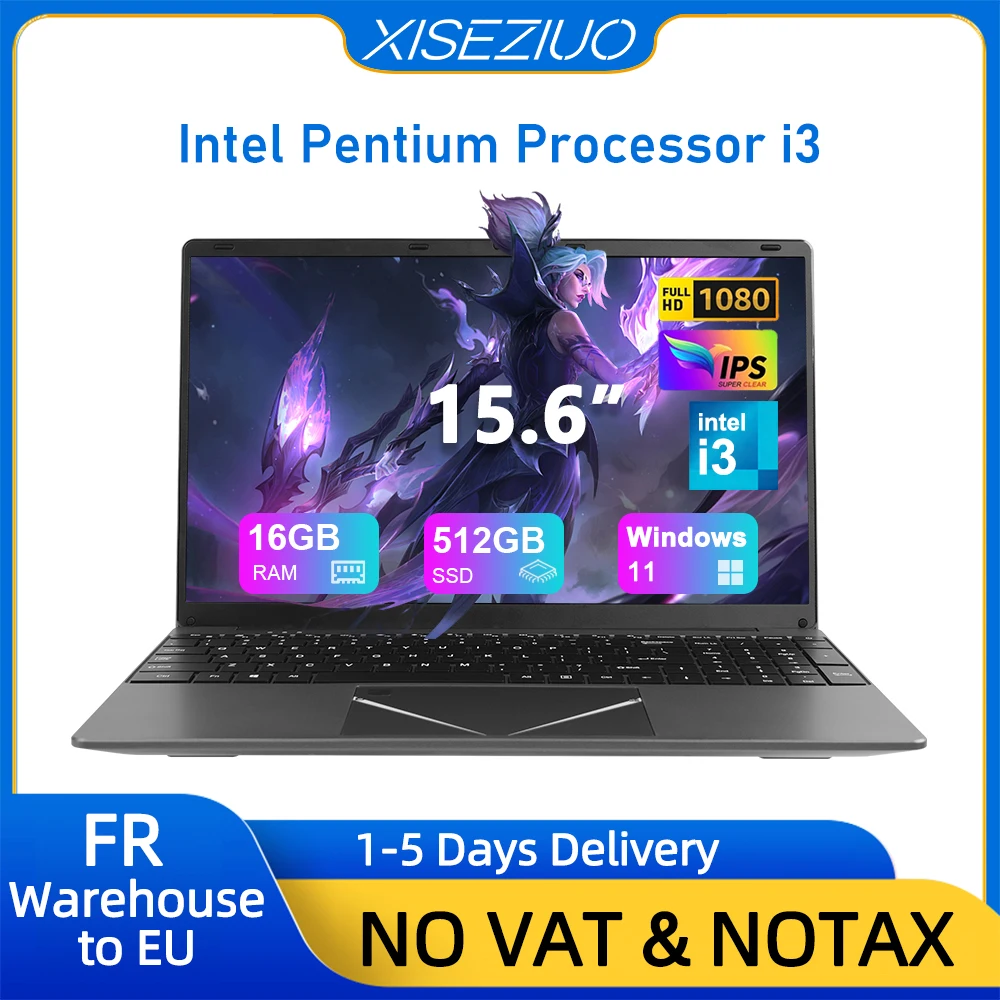 Ordinateur Portable 15,6" Processeur Core i3 16Go RAM 512Go SSD PC Portable FHD IPS avec Clavier rétroéclairé Empreinte Digitale