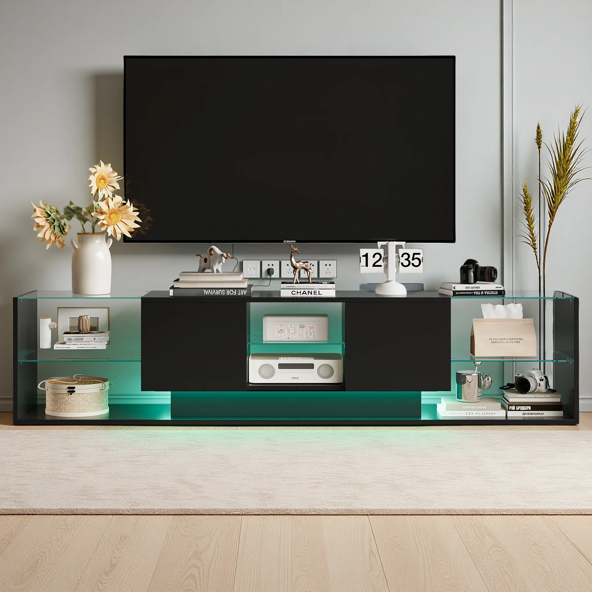 Meuble TV Flottant 200 cm Meuble Tele Blanc/Noir avec LED Meuble TV Moderne avec Rangement Table Tele Banc TV pour Salon