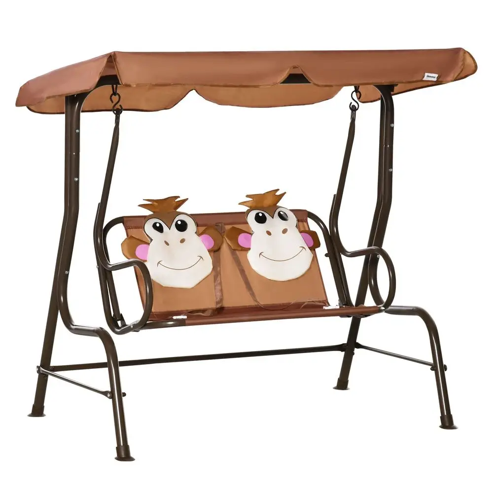 2 Seater Kids Garden Swing Seat, Children Outdoor Patio Lounge Chair for Gardens w Adjustable Awning, Seatbelt, Monkey Pattern