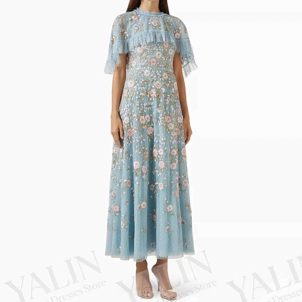 Women's A-line Evening Dresses Tea-length O-neck Sleeveless Prom Dresses Fashion Flowers Stole Simple Draped Customized Gowns