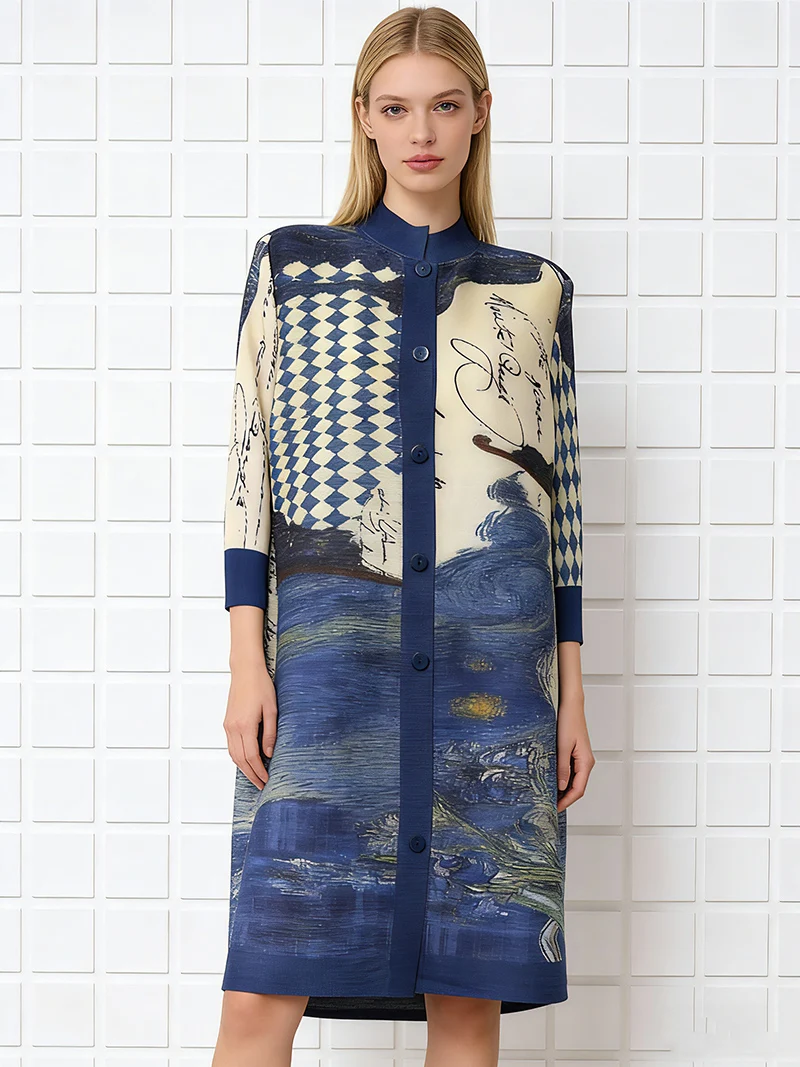 Miyake Clothing Contrast Color Printed Pleated Shirt Dress Women's Lapel Single Breasted 3/4 Sleeve Cardigan Dresss High-quality