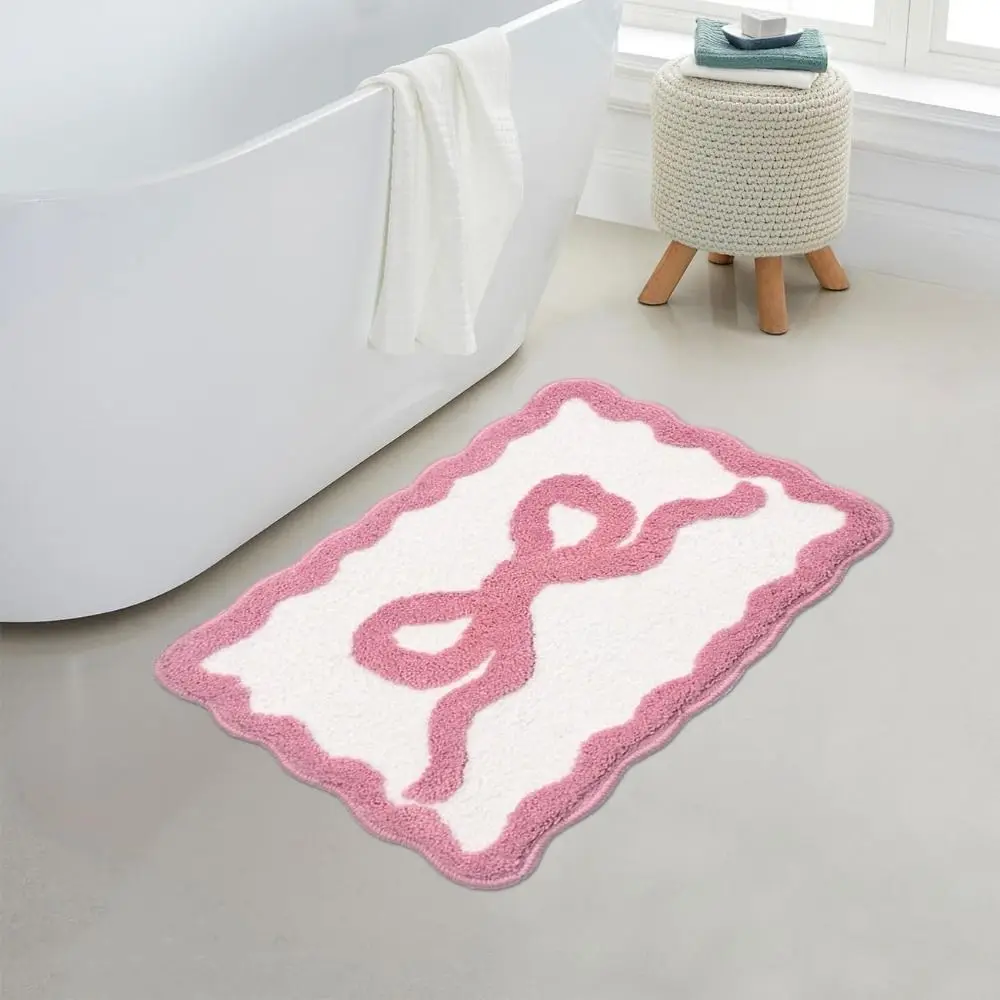 Pink Blue Bow Bathroom Rugs Coquette Aesthetic Bow Decor Cute Bath Mat Preppy Scalloped Rug for Bedroom Kitchen Bathroom Floor