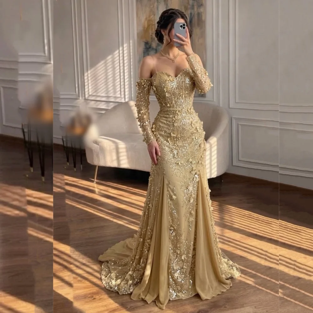 Customized Exquisite Glitter Wedding Party Dress Applique Off-the-shoulder Trumpet Long Dresses Bespoke Formal Evening Dress