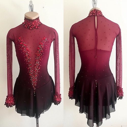Eiskunstlaufkleid Damen Eislaufen Kleid Rot Patchwork Asymmetrischer Saum Hohe Elastizität Training Wettbewerb Eiskunstlaufkleidung Klassisch Kristall / Strass Langarm Eislaufen Eiskundstlauf Image