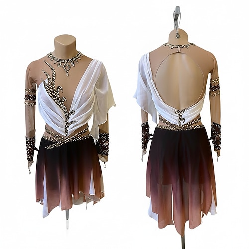 Eiskunstlaufkleid Damen Eislaufen Kleid Kaffee Patchwork Offener Rücken Dehnbar Training Wettbewerb Eiskunstlaufkleidung Klassisch Kristall / Strass Langarm Eislaufen Eiskundstlauf Image