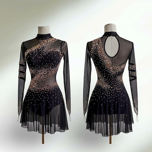 Eiskunstlaufkleid Damen Eislaufen Kleid Schwarz Patchwork Asymmetrischer Saum Dehnbar Training Wettbewerb Eiskunstlaufkleidung Klassisch Kristall / Strass Langarm Eislaufen Eiskundstlauf Image