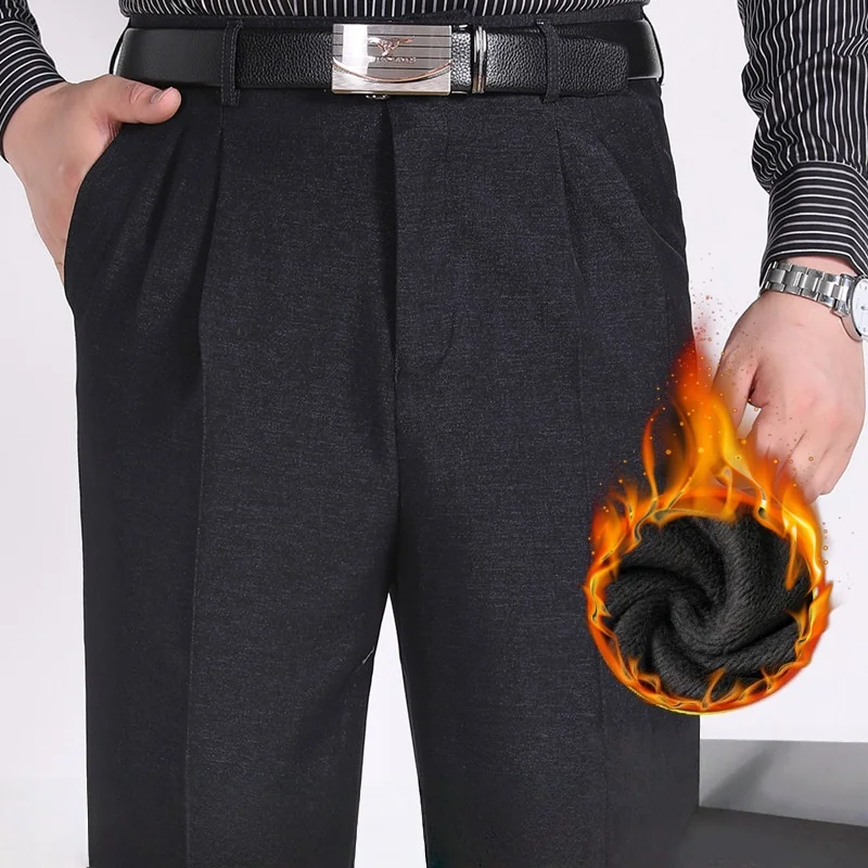 Große Größe 29-40 42 44 Doppelt Plissee Hohe Taille Fleece Winter Anzug Hosen Verdicken Lose Gerade Formale Hosen Für Mann Hosen