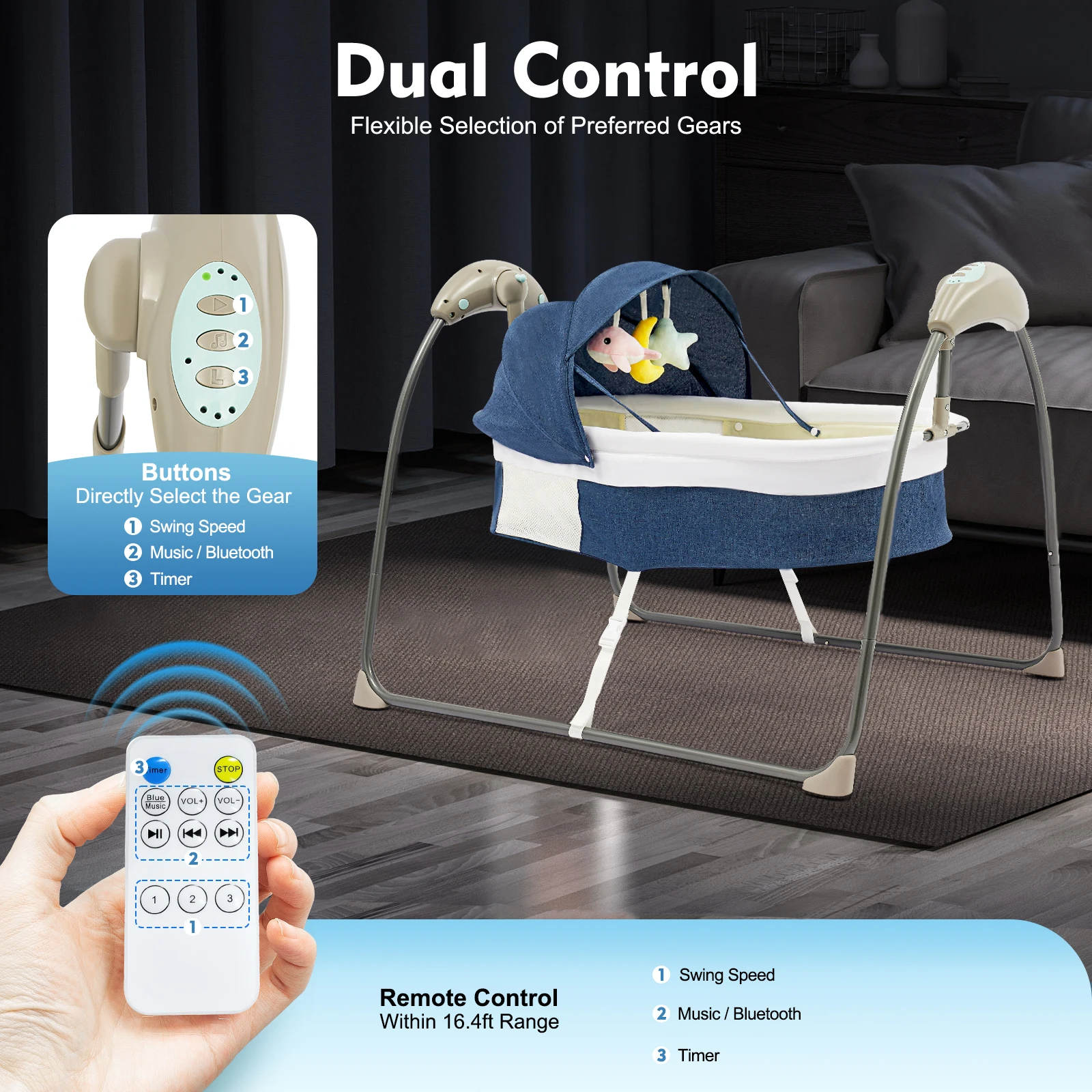 Babywiege mit Bluetooth-Musik, Fernbedienung, 3 Geschwindigkeitsstufen, Timer und Moskitonetz für Neugeborene von 0 bis 12 Monaten bis zu 10 kg. Image