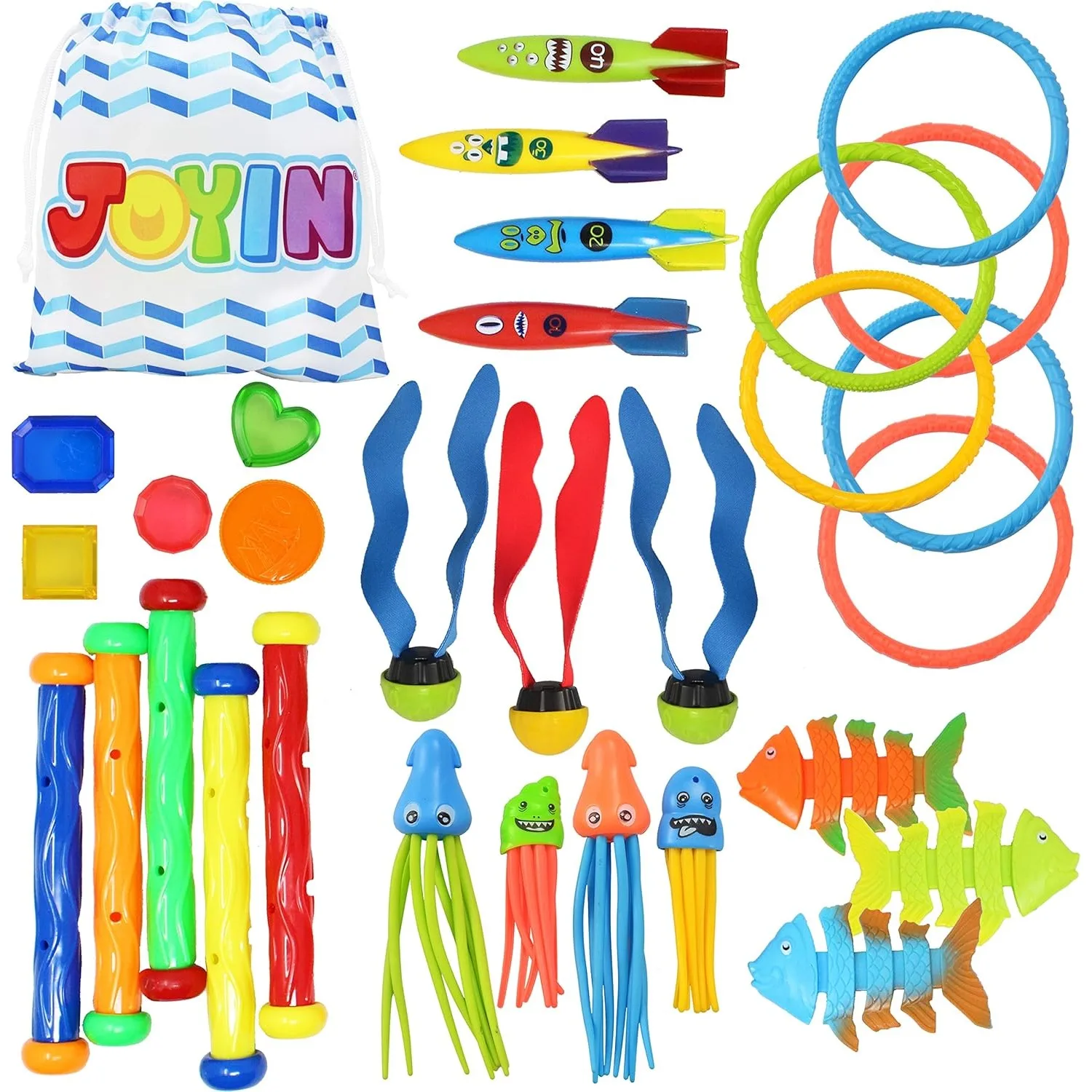 Joyfy 30-teiliges Tauchspiel-Set: 5 Tauchstäbe, 6 Tauchringe, 5 Piratenschatz, 4 Banditen, 3 Tauchbälle, 3 Fische, 4 Oktopus Image