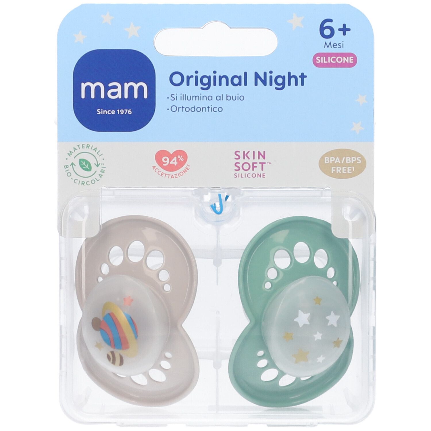 Mam Original Night Succhietti Ortodontici 6+Mesi 2 Pezzi 1 pz